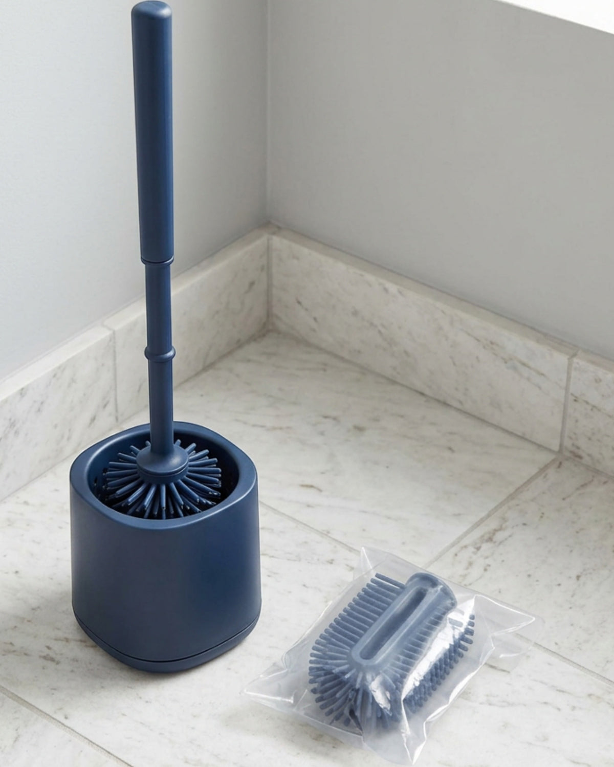Fexlu Narrow U-Groove Silicone Toilet Brush with Dual-Layer Base Navy - Lifestyle view