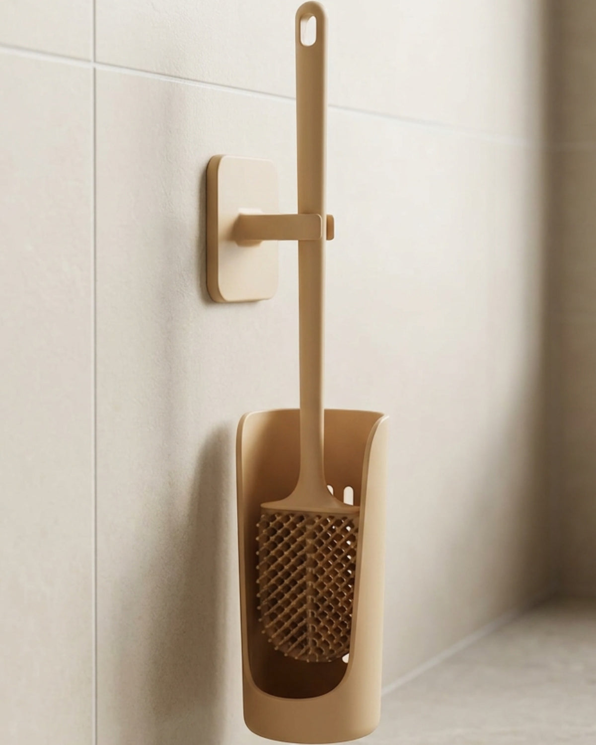 Fexlu Open Lattice Paddle Silicone Toilet Brush with Hanging Base Sand - Lifestyle view